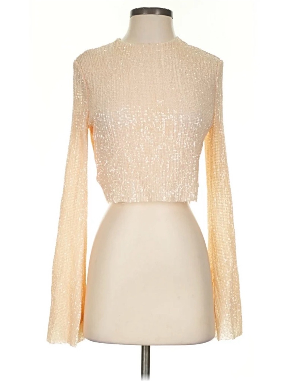 House of CB Cream Sequin Long Sleeve Crop Top XS Champagne Sparkle Party